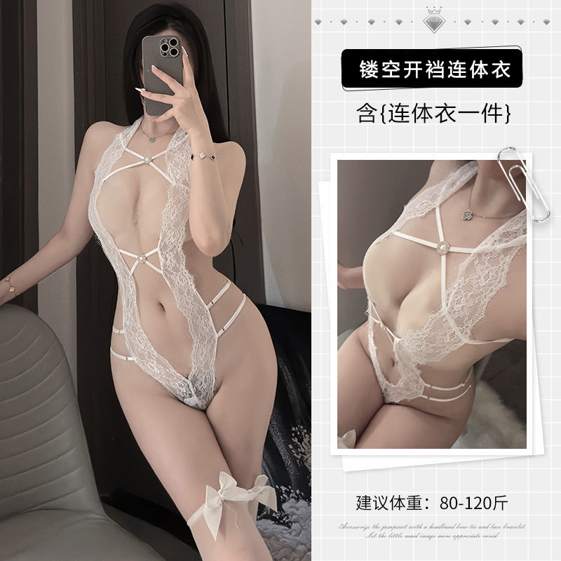Image of Guifei sexy lingerie sexy lace one-piece pajamas crotch free of hot temptation provocative see-through nightdress set